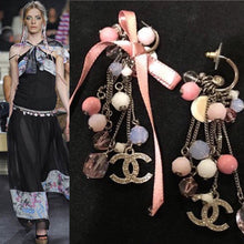 Load image into Gallery viewer, Chanel extra long pink 07C Ribbon bead &amp; Crystal logo earrings