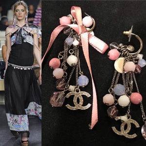 Chanel extra long pink 07C Ribbon bead & Crystal logo earrings