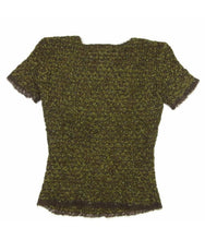 Load image into Gallery viewer, Vintage Chanel 98A, 1998 Fall tweed wool pullover short sleeve olive mohair sweater top blouse FR 42 US 6/8/10