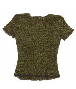 Vintage Chanel 98A, 1998 Fall tweed wool pullover short sleeve olive mohair sweater top blouse FR 42 US 6/8/10