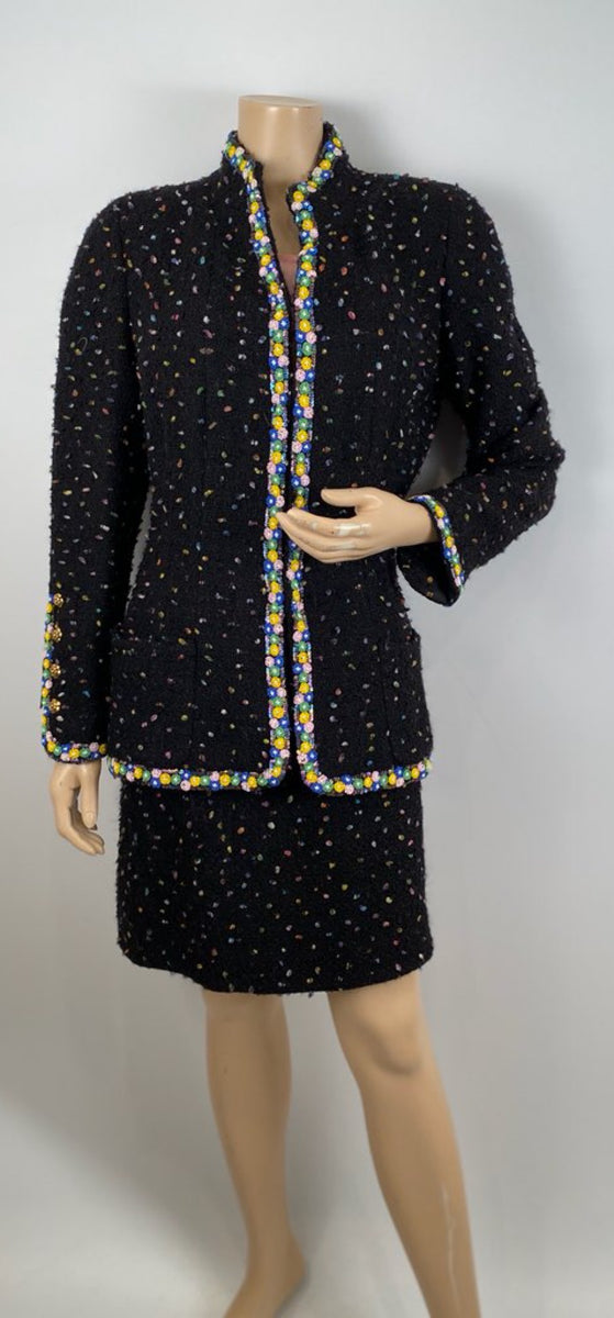 1980’s Collection 23 Chanel Black Multicolor Confetti Jacket Skirt Suit Set  US 8/10