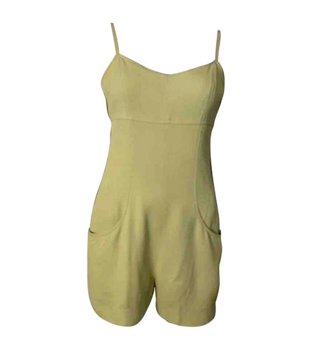 97P, 1997 Spring Vintage Chanel Boutique Lime Green Jumpsuit Shorts Romper FR 38 US 6/8