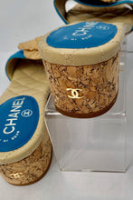 Load image into Gallery viewer, Chanel 12C 2012 Cruise Resort turquoise blue beige cork heel slides EU 38