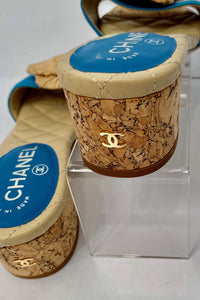 Chanel 12C 2012 Cruise Resort turquoise blue beige cork heel slides EU 38