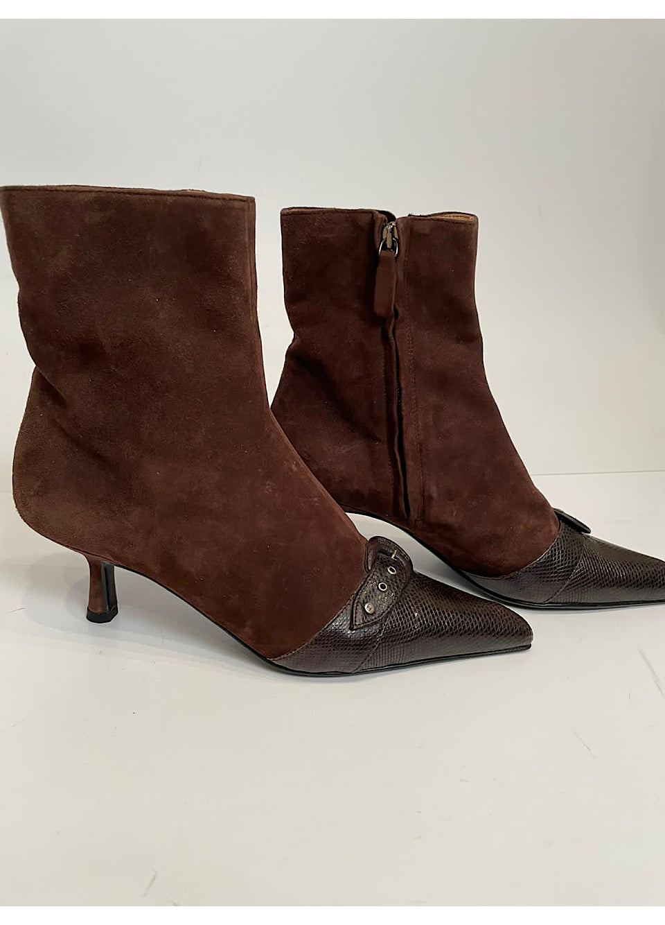 Chanel Dark Brown Kitten Heel Suede Lizard embossed Ankle Boots EU