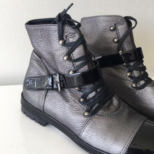 Load image into Gallery viewer, Chanel 05, 2005 metallic Grey black patent leather biker combat short ankle boots boots EU 37 US 6/6.5