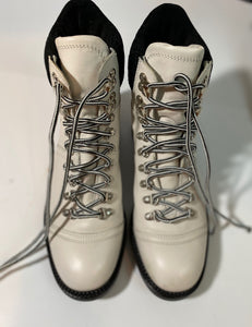 Chanel Black White Logo Lace Up Fall Winter Combat ankle Boots EU 36.5 US 6