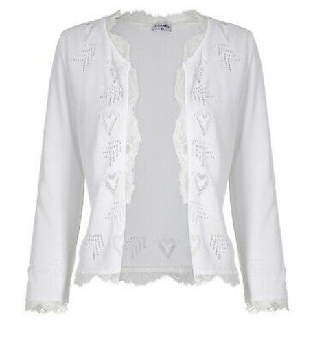Chanel 06P 2006 Spring White Knit Lace Cardigan FR 44