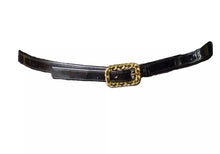 Load image into Gallery viewer, 95P Chanel Vintage Skinny Black Patent Leather Woven Gold Chain Belt Sz Small