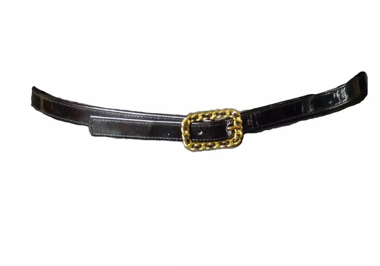 95P Chanel Vintage Skinny Black Patent Leather Woven Gold Chain Belt Sz  Small