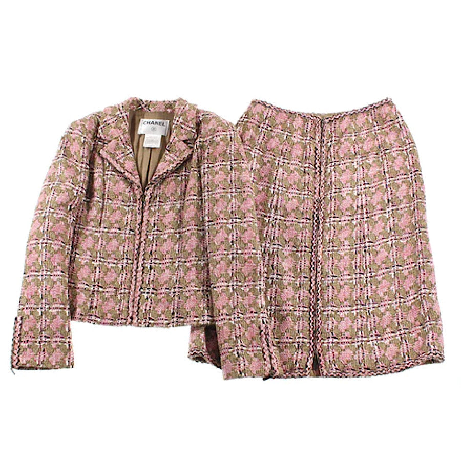 HelensChanel Chanel Vintage 03p, 2003 Spring Pink Brown Tweed Cotton Jacket Blazer Skirt Suit Set FR 38 US 4