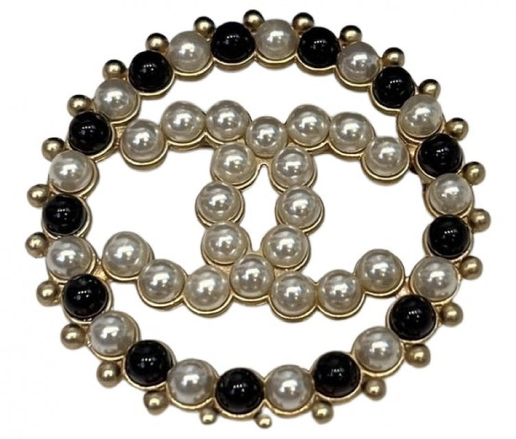 HelensChanel Chanel 18p 2018 Spring Large Round CC Pearl Black and White Gold Pin Brooch