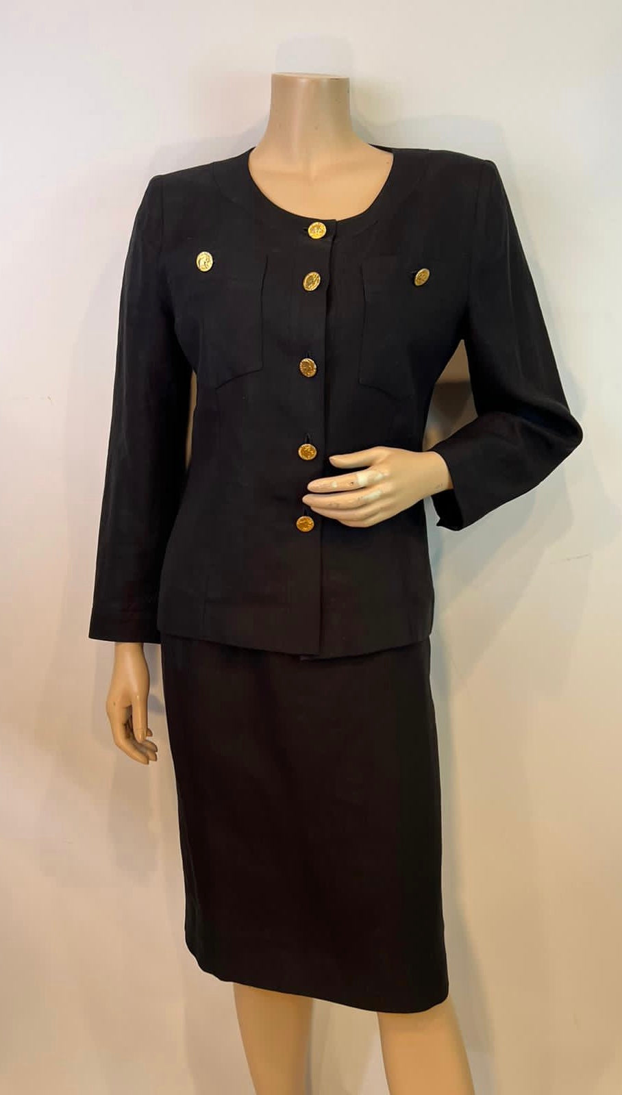 Vintage Chanel 1980's Collection 15 Black Linen Skirt Suit US 2/4
