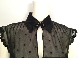Chanel 04P 2004 Spring Black Sheer Lace Pearl Top Blouse lace, pearls,rufflesUS 6