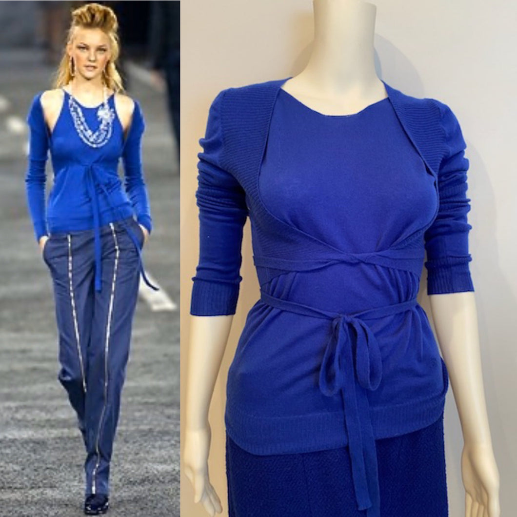 Chanel 04A 2004 Fall Royal Blue Cashmere Sweater Wrap Cardigan Top Blouse FR 38