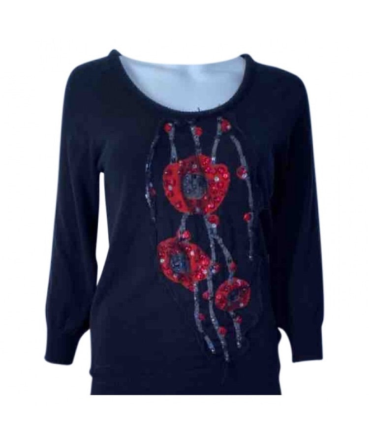 Chanel 07A Black Red Cashmere Pullover Sweater  with appliqué geometric flowers with sequins, pearls FR 40