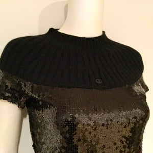 Chanel 07A 2007 Fall Autumn Black Sequins Short Sleeve ribbed cashmere sweater top blouse FR 38 US 4