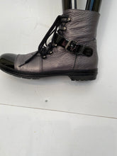 Load image into Gallery viewer, Chanel 05, 2005 metallic Grey black patent leather biker combat short ankle boots boots EU 37 US 6/6.5