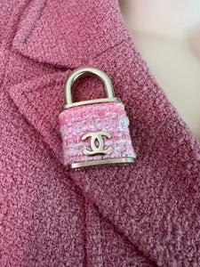 Chanel 2014 Pink Tweed Gold Padlock Brooch Pin