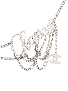 Rare 06C, 2006 Cruise Chanel cursive letters multi strand silver tone belt necklace 38” long