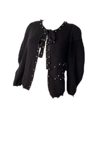 Chanel 09P 2009 Spring black CC logo knit silk cardigan with grey pearls FR 36 US 4