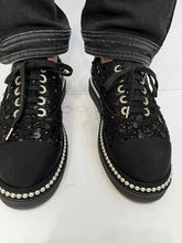 Load image into Gallery viewer, Chanel 17P 2017 Spring Black sequined Lace Up Tennis type  Shoes with contemporary thick soles and  pearl trim. EU 39.5 US 9/9.5