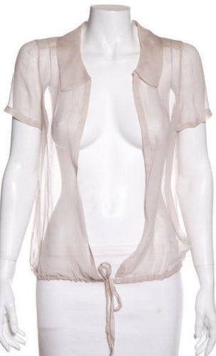 Chanel 04C 2004 Cruise Silk Chiffon Short Sleeve Sheer Drawstring Beige Ecru Blouse Top FR 36 US 2/4