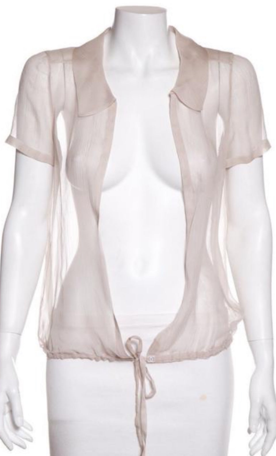 HelensChanel Chanel 04c 2004 Cruise Silk Chiffon Short Sleeve Sheer Drawstring Beige Ecru Blouse Top FR 36 US 2/4