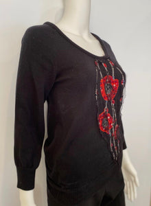 Chanel 07A Black Red Cashmere Pullover Sweater  with appliqué geometric flowers with sequins, pearls FR 40