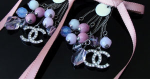 Chanel extra long pink 07C Ribbon bead & Crystal logo earrings