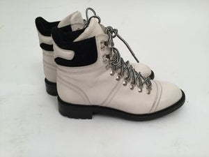 Chanel Black White Logo Lace Up Fall Winter Combat ankle Boots EU 36.5 US 6