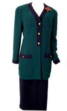 Load image into Gallery viewer, 93A, 1993 Fall Rare Vintage Chanel Boucle green Navy Blue skirt suit set US 10