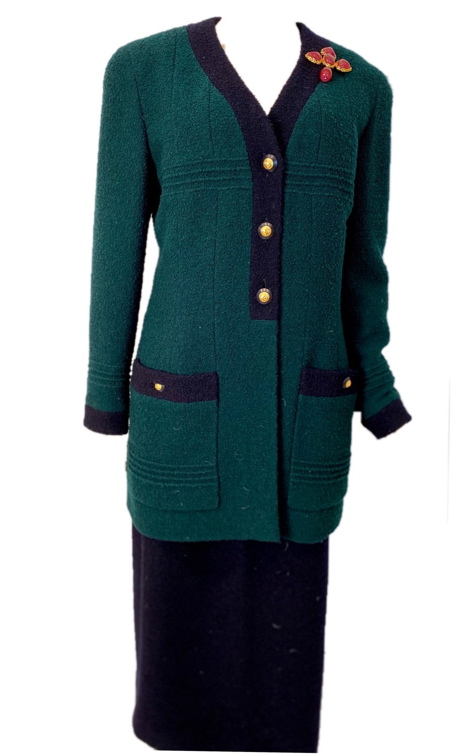 93A, 1993 Fall Rare Vintage Chanel Boucle green Navy Blue skirt suit set US 10