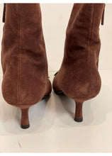 Load image into Gallery viewer, Chanel Dark Brown Kitten Heel Suede Lizard embossed Ankle Boots EU 37.5 US 7/7.5