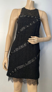 Chanel 2003 Fall 03A Snap Collection Black Tweed Boucle Satin with Camellia lace dress US 4
