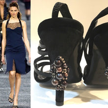 Load image into Gallery viewer, Chanel 04A 2004 Fall slingback Black Velvet and Patent Leather embellishments at heels EU 37.5 US 6.5/7