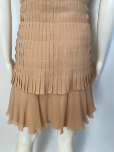 Vintage 2002 Chanel 2 piece beige silk chiffon pleated accordion dress set US 6