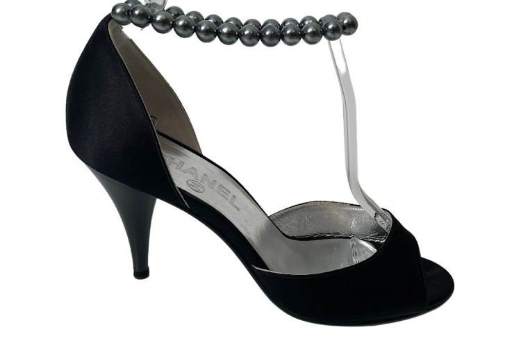 Chanel 2005 Black Peep Toe Silk Pearl Strap Heels EU 37 US 6.5/7