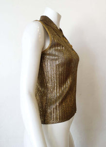 Vintage Chanel 01C 2001 Cruise Resort Sleeveless Gold Metallic Collar Polo Top Blouse FR 34 US 2/4