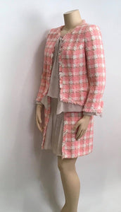 Chanel 04C, 2004 Cruise Resort tweed Chiffon Pink Taupe Jacket Skirt Suit Set FR 46 US 10/12