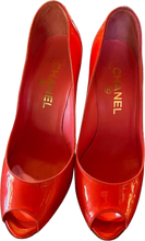 Load image into Gallery viewer, Chanel 08C, 2008 Cruise Patent Leather Orange Peep Toe Pump Heels EU 35.5 US 4.5/5