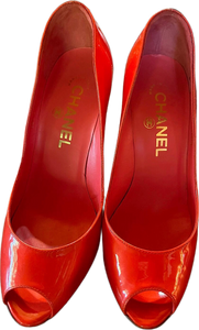 Chanel 08C, 2008 Cruise Patent Leather Orange Peep Toe Pump Heels EU 35.5 US 4.5/5