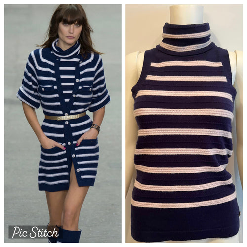 NWT Chanel 15S 2015 Summer Cashmere Navy Blue Lilac Stripe Sleeveless Turtleneck Sweater Top Blouse FR 36 US 4