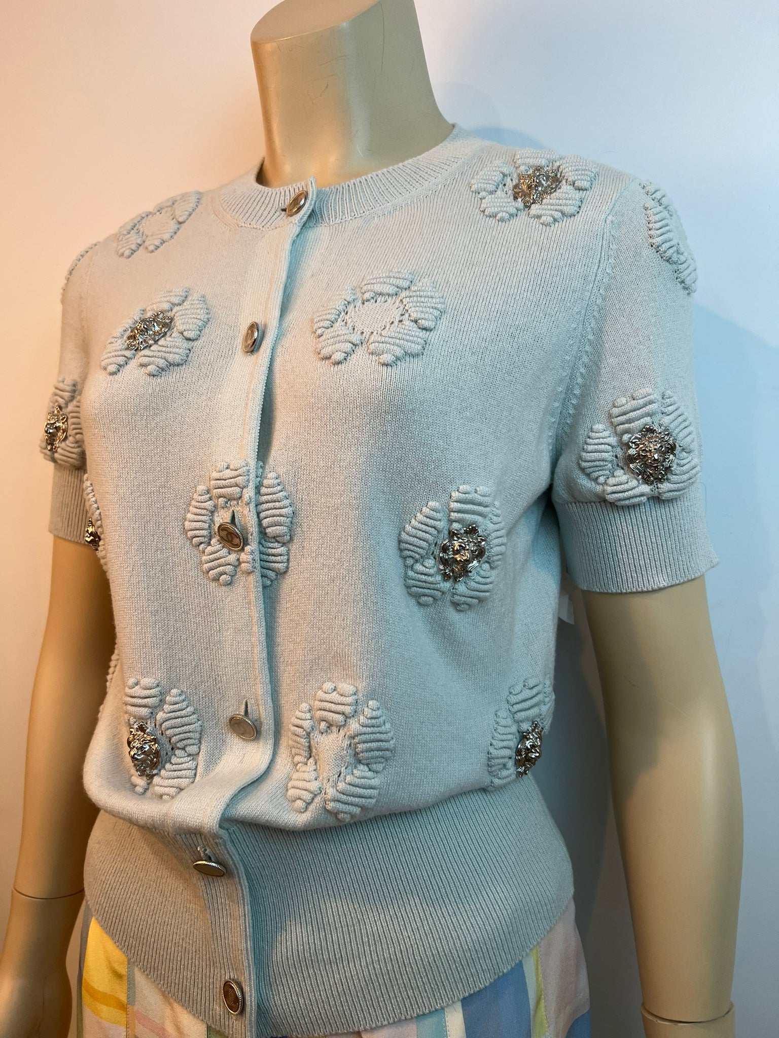 HelensChanel Chanel 17P 2017 Spring Pastel Sea Foam Blue Short Sleeved Cashmere Cardigan Sweater Top Metal Lions Heads Blouse FR 36 US 4/6