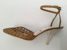 Load image into Gallery viewer, Chanel 04C 2004 Cruise Resort Vintage Tan Beige Trellis Leather Strap Trellis Caged Leather Strap Sandal Heels EU 38.5 US 7.5/8
