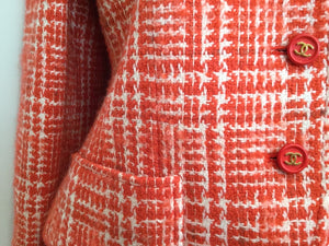 97P, 1997 Spring Vintage Chanel Boutique Orange Plaid Wool Tweed Jacket Blazer Skirt Suit Set US 8/10