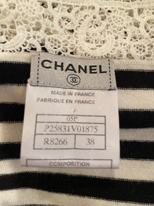 Chanel 05P, 2005 Spring Spaghetti Strap Camisole Lace Crochet Striped Top Blouse FR 38