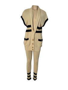 80’s/90’s Rare! Vintage Chanel stretchy pants w matching cardigan Striped Ecru and Black FR 40