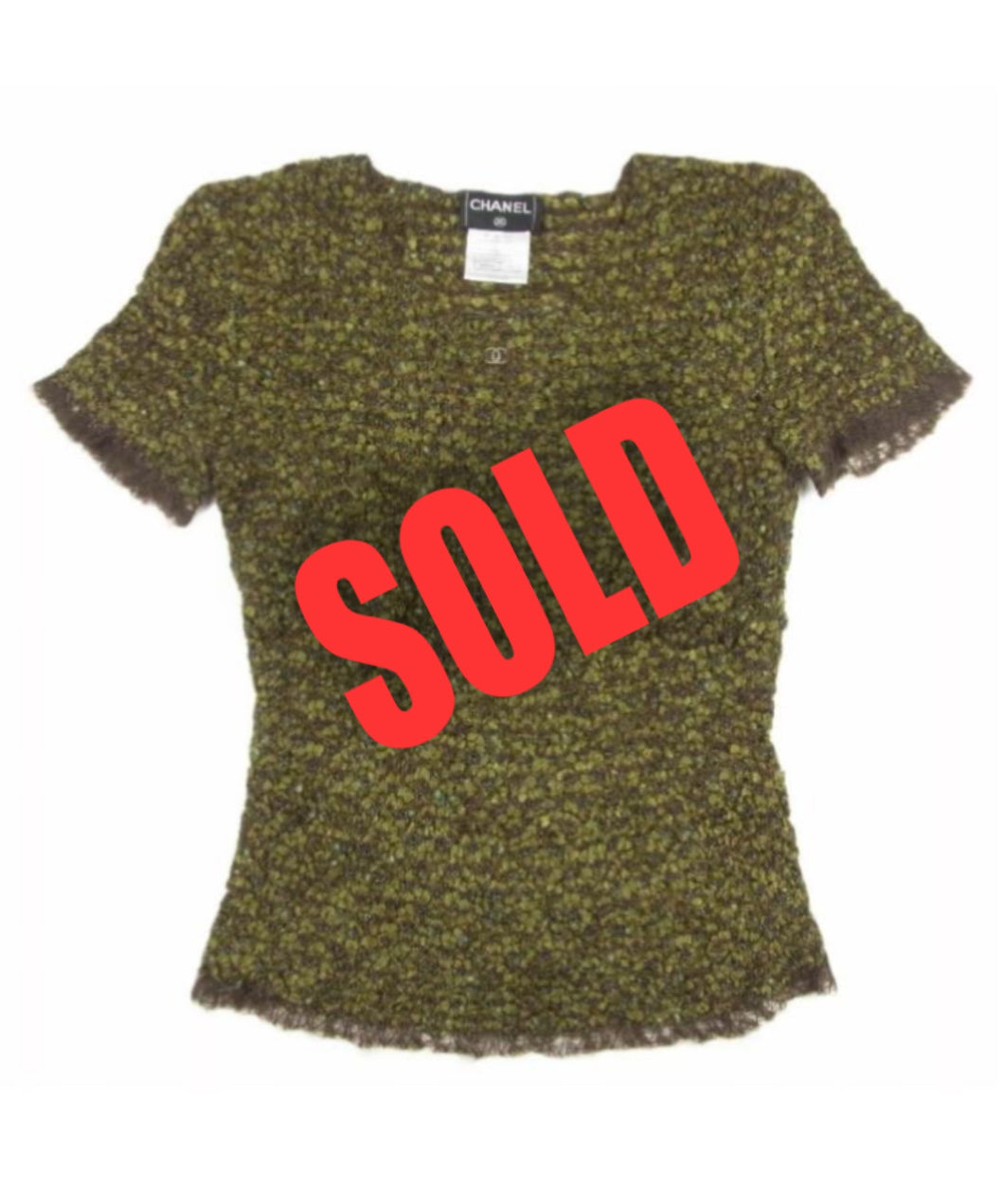 Vintage Chanel 98A, 1998 Fall tweed wool pullover short sleeve olive mohair sweater top blouse FR 42 US 6/8/10