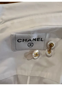 Chanel Vintage White Cotton Pleated Button Down Shirt Top Blouse Size 2